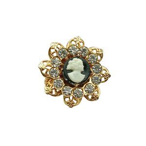 Vintage Cameo Brooch Pin With Rhinestones & Gold-Tone Filigree Design
